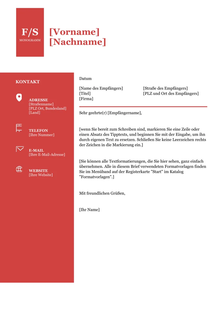 Vorlage in Word zum Anschreiben: Deckblatt mit Monogramm