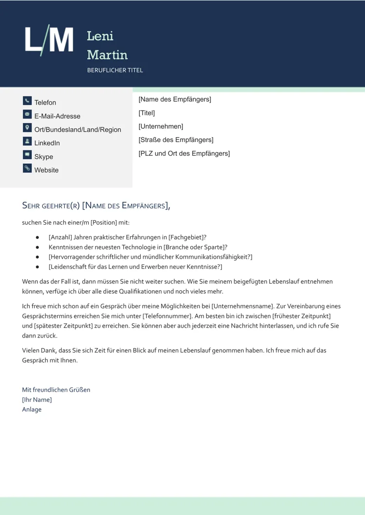 Bewerbungsanschreiben-Vorlage in Word: Modernes Anschreiben mit Initialen