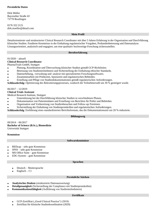 lebenslauf clinical research coordinator