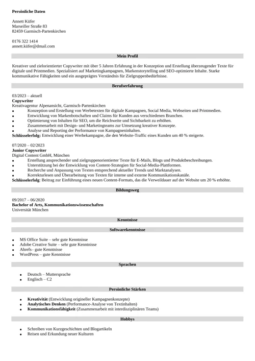  lebenslauf copywriter
