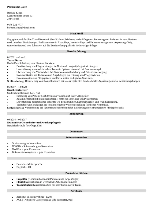 lebenslauf travel nurse