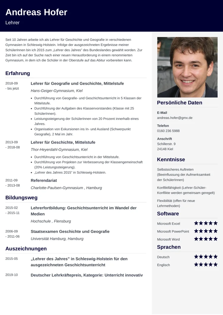 Lebenslauf F r Lehrer Lehrerin Muster Beispiele